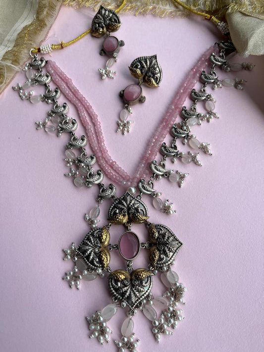 Pink Dual Tone Long Necklace Set VNG239