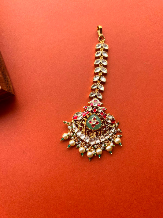 Red Jadau Green Stone Tika- VNHA050