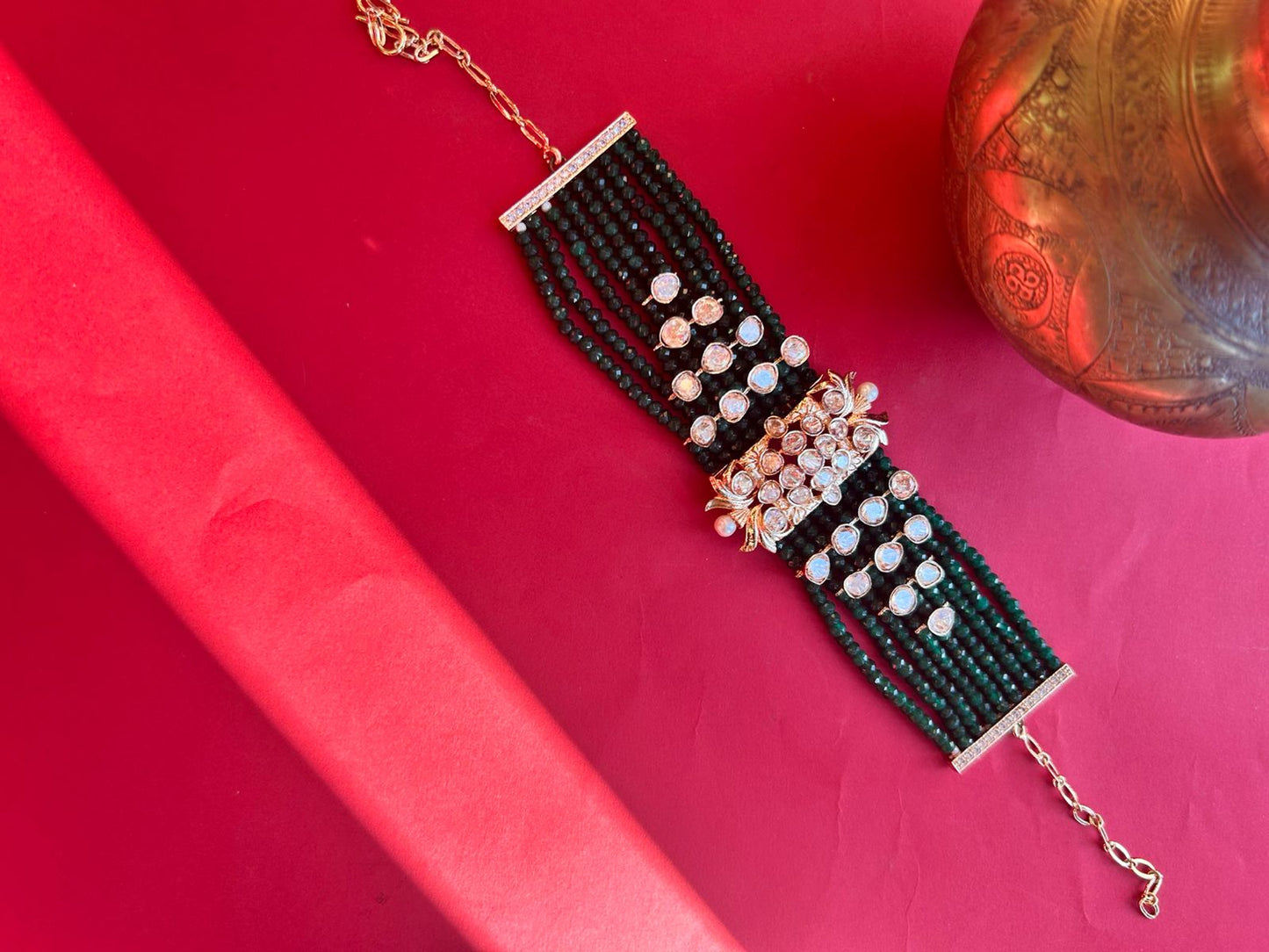 Green Pearl Rose Gold Polki Bracelet VNHN123