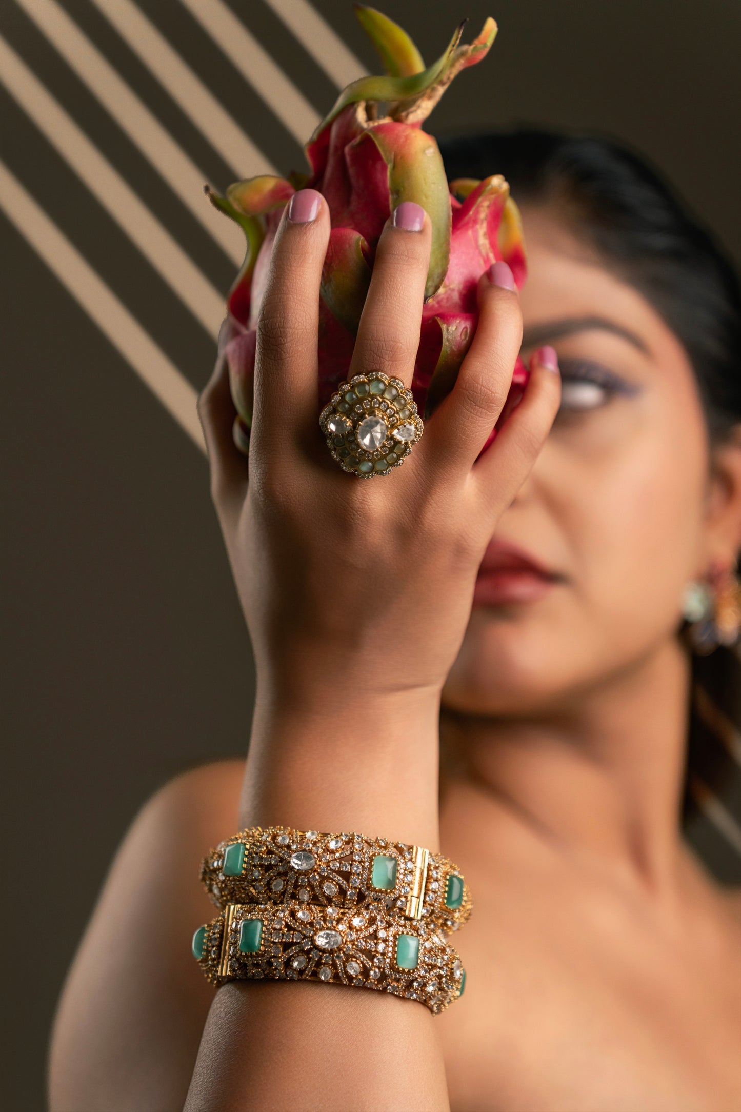 Pista Green Stone & Diamond Bangles - VNHN185