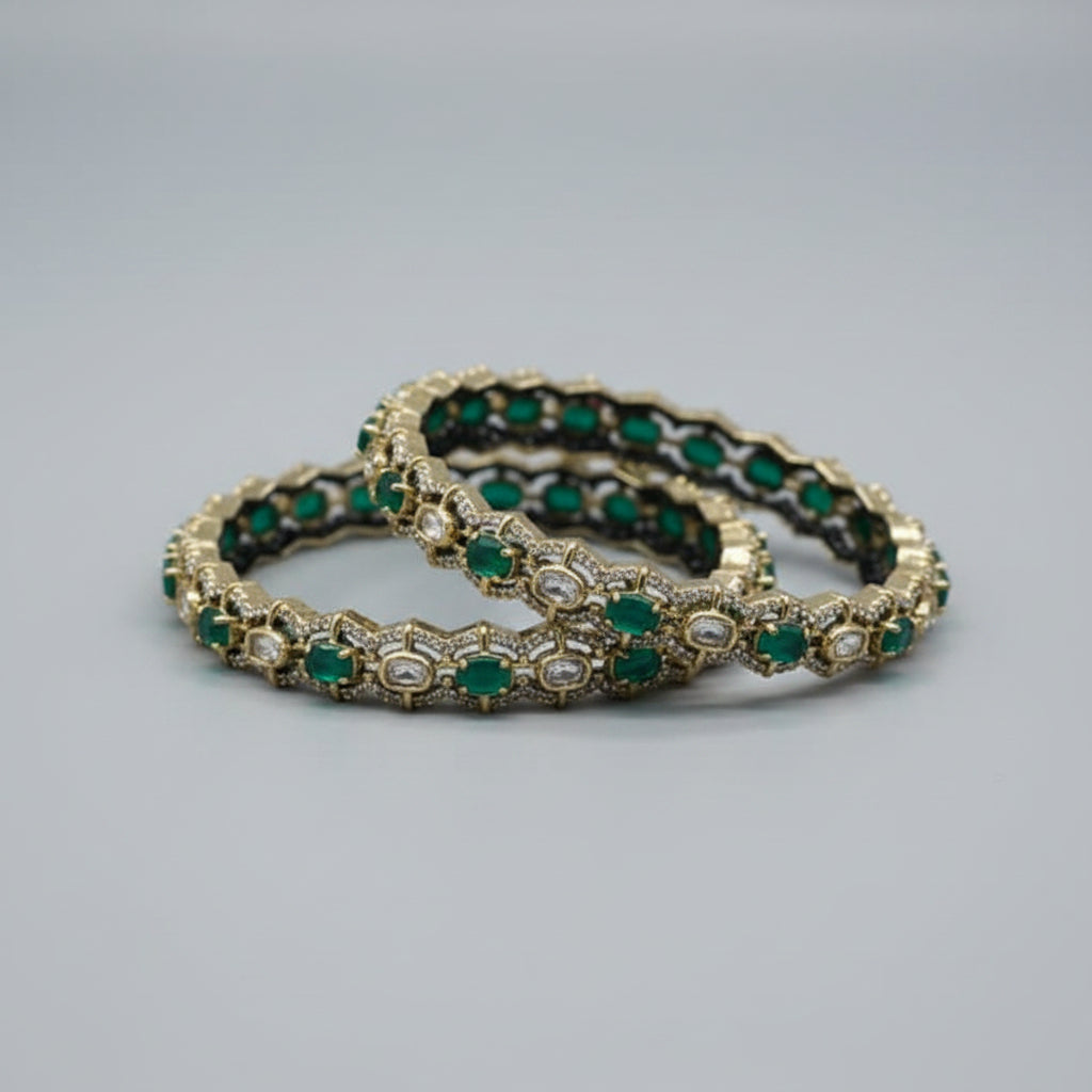 Green White Polki Diamond Bangles - VNHN217