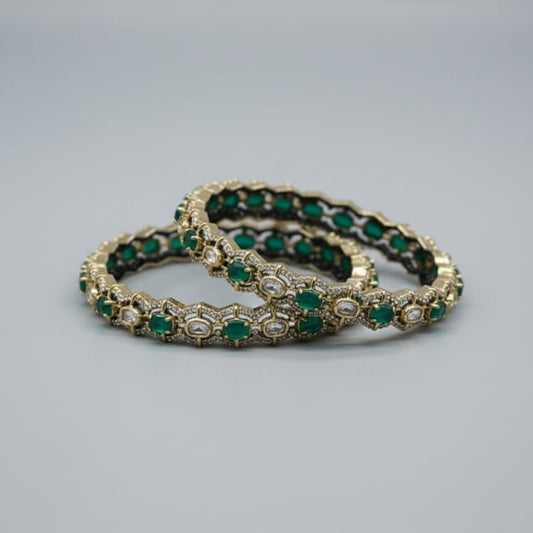 Green White Polki Diamond Bangles - VNHN217