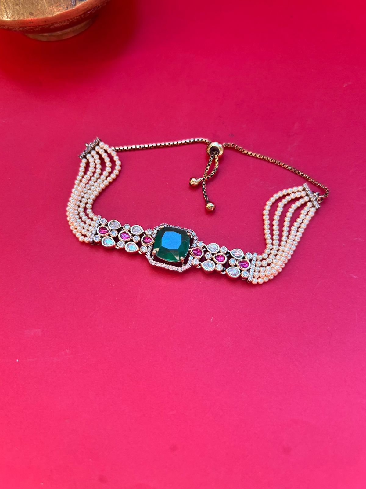Green Square Stone  Pearls Bracelet VNHN231