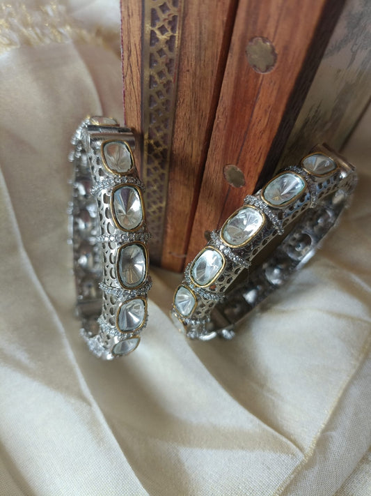 White Polki Silver Bangles- VNHN259
