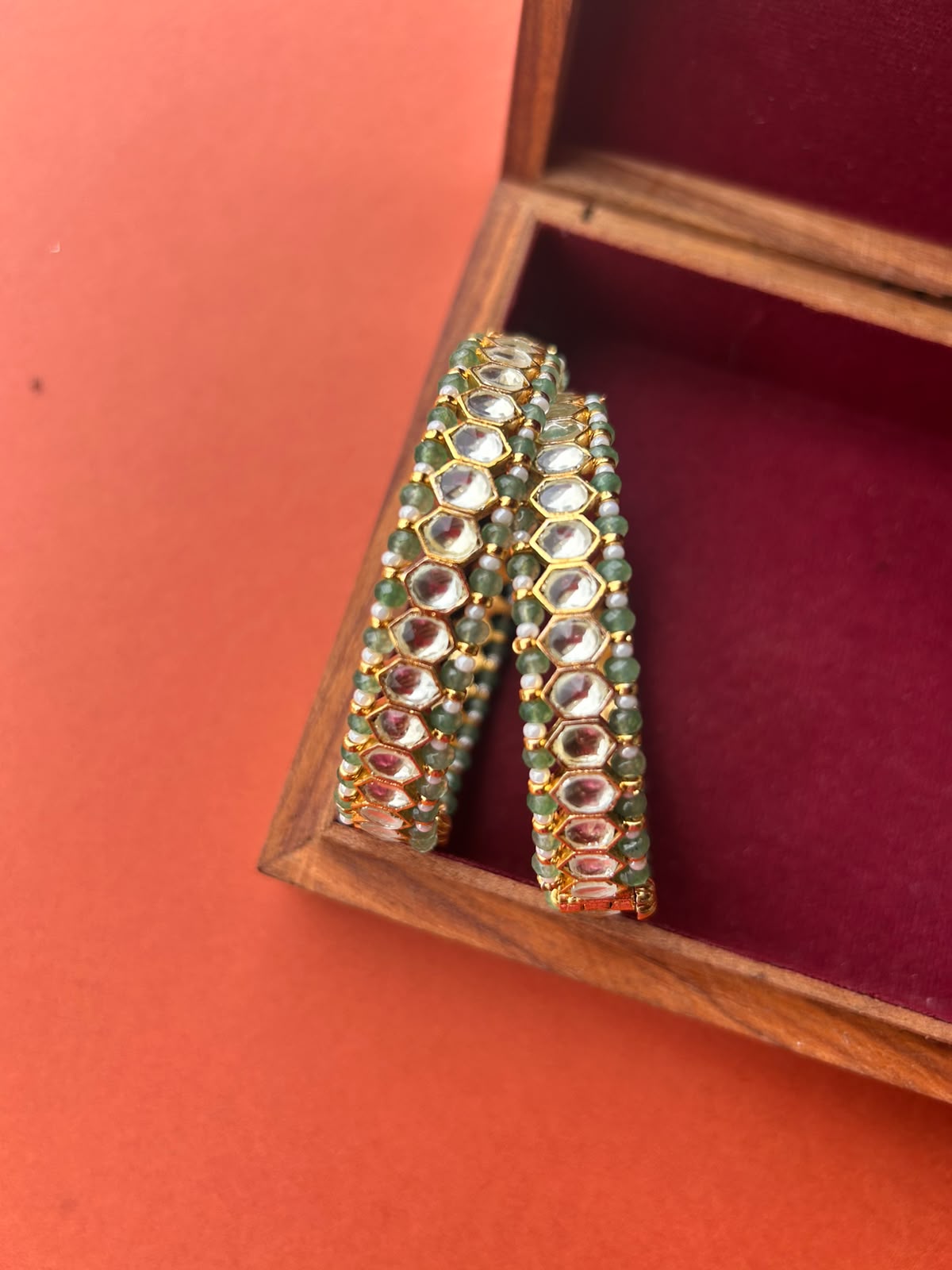 White Takkar Green Pearl Bangles- VNHN291