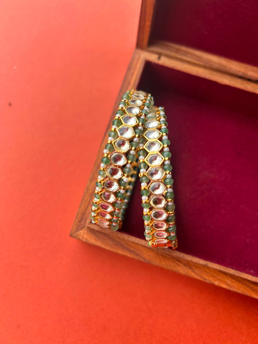 White Takkar Green Pearl Bangles- VNHN291