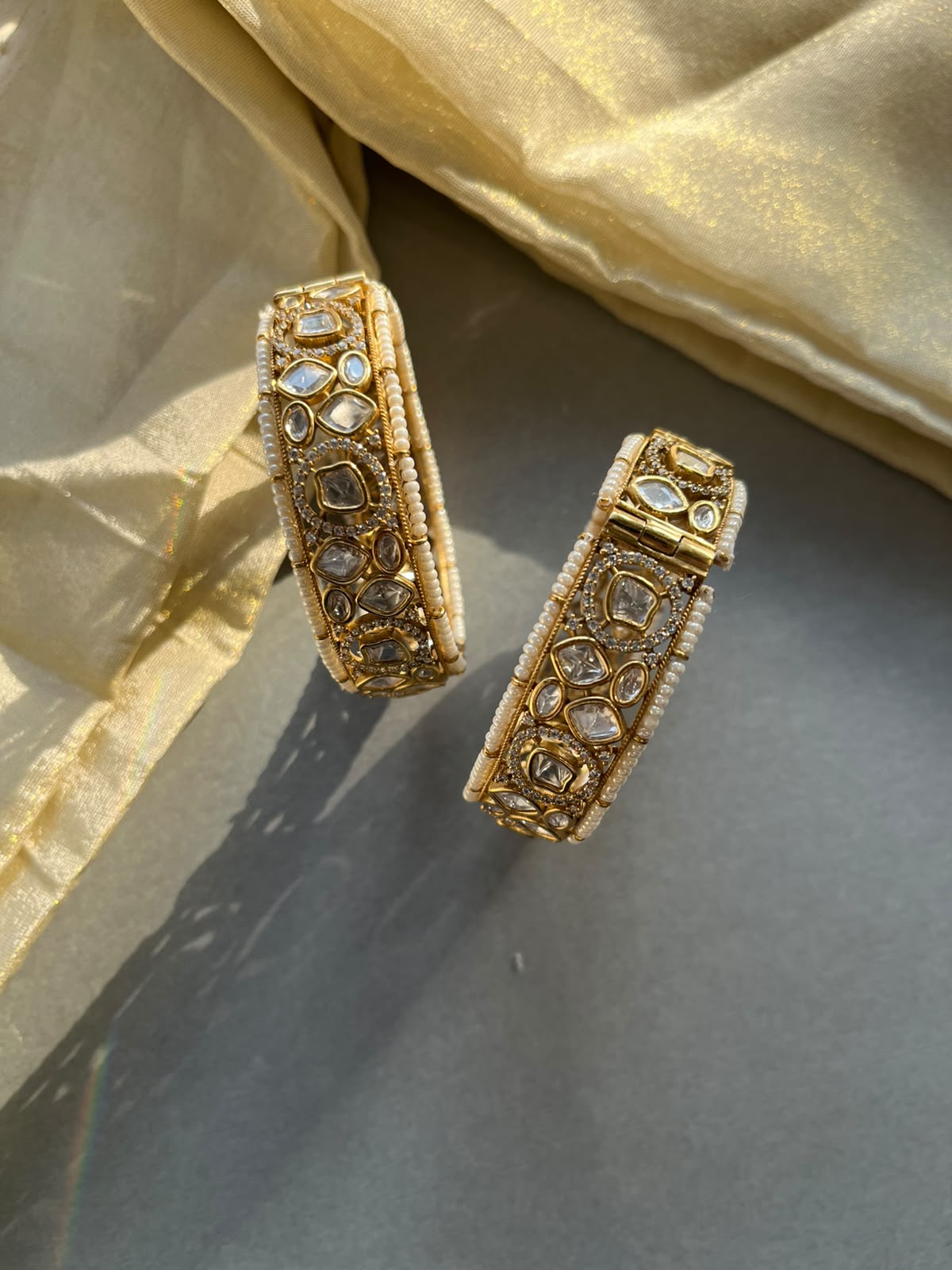 Gold Plated Polki Pearl Bangles VNHN307