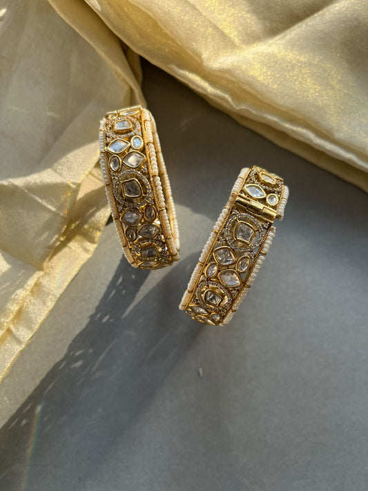Gold Plated Polki Pearl Bangles VNHN307