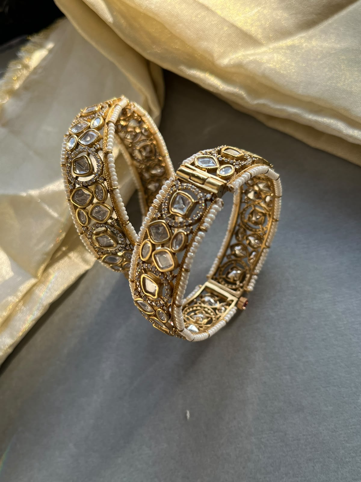 Gold Plated Polki Pearl Bangles VNHN307