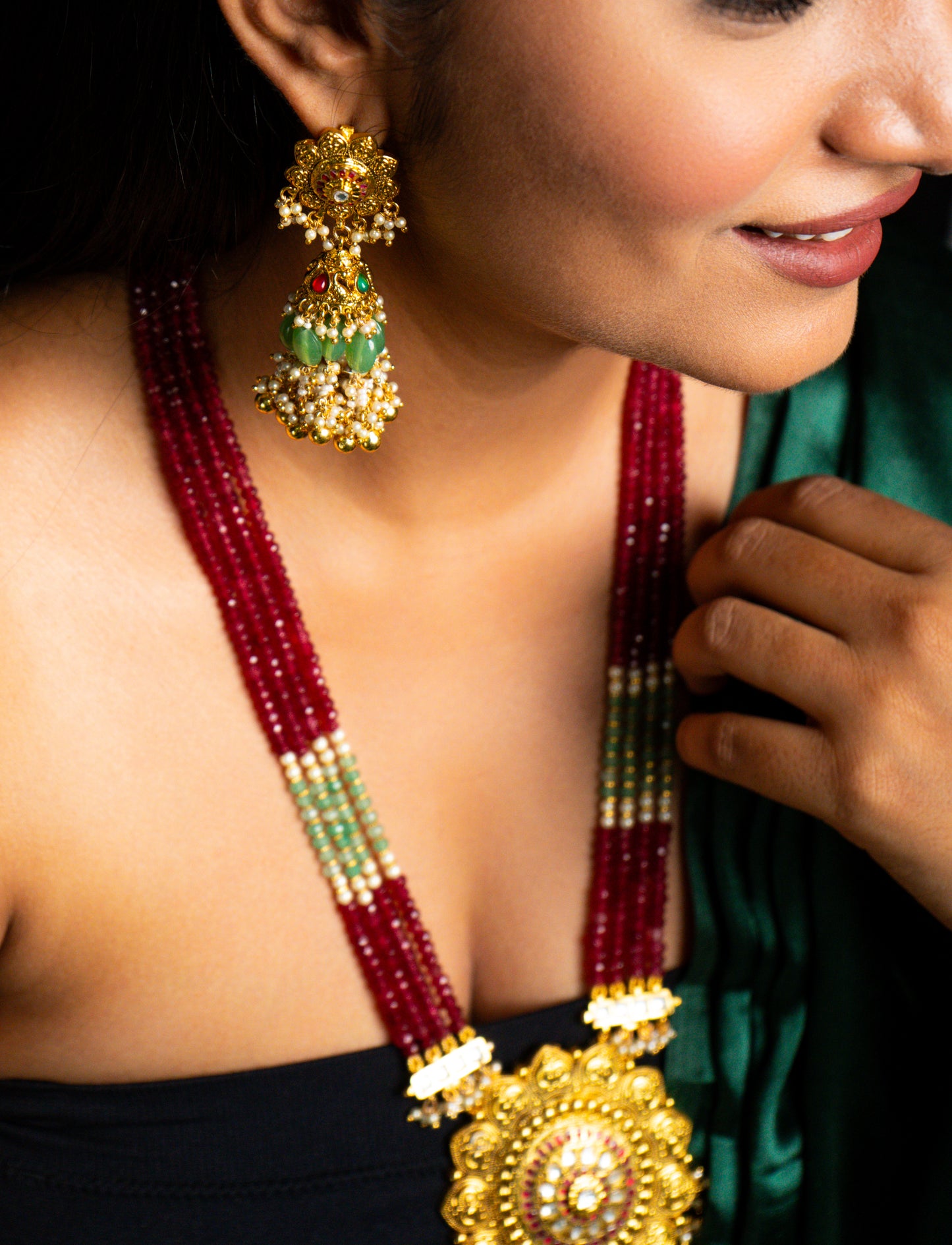 Long Maroon Ranihar Necklace Set - VNN004