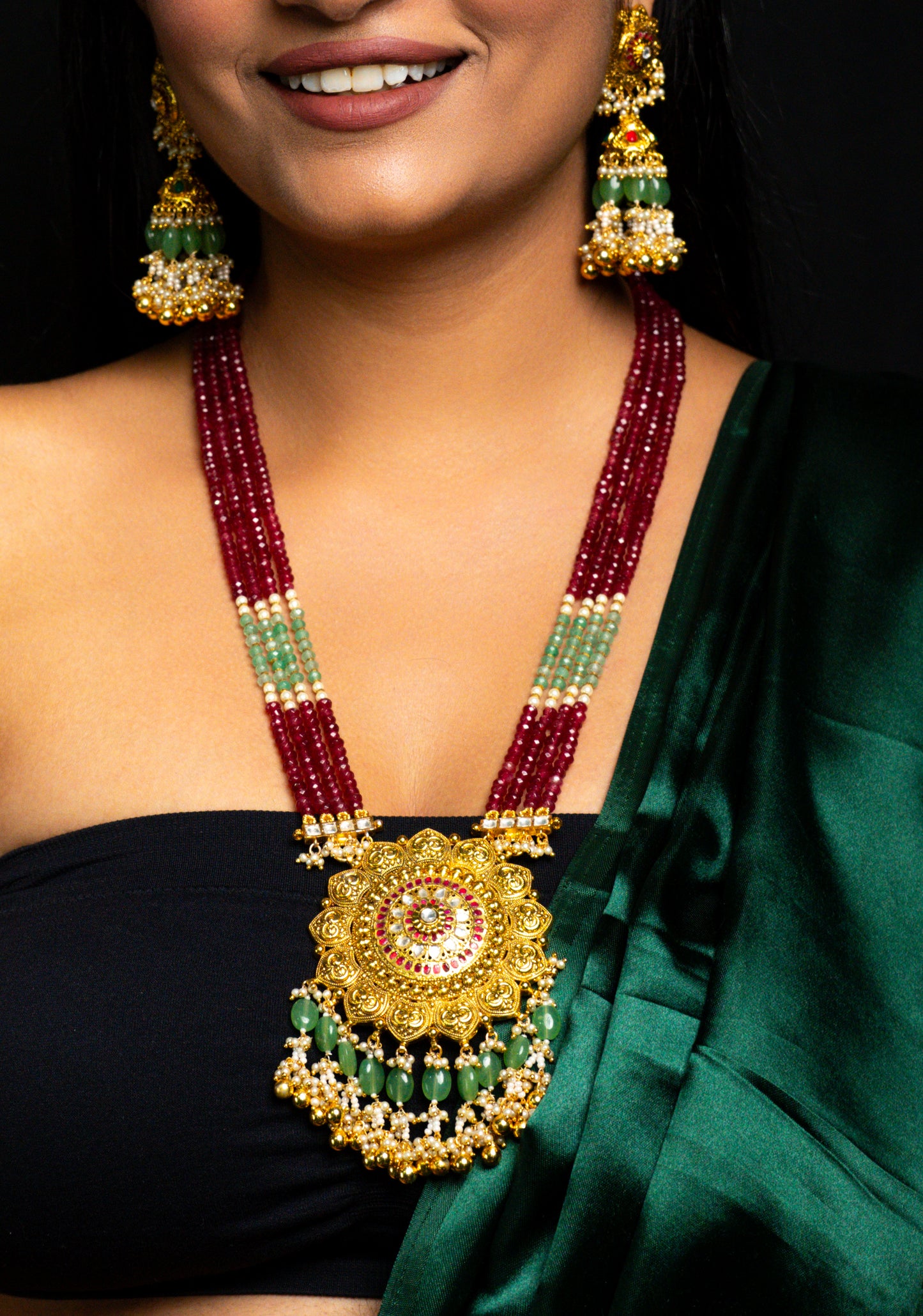 Long Maroon Ranihar Necklace Set - VNN004