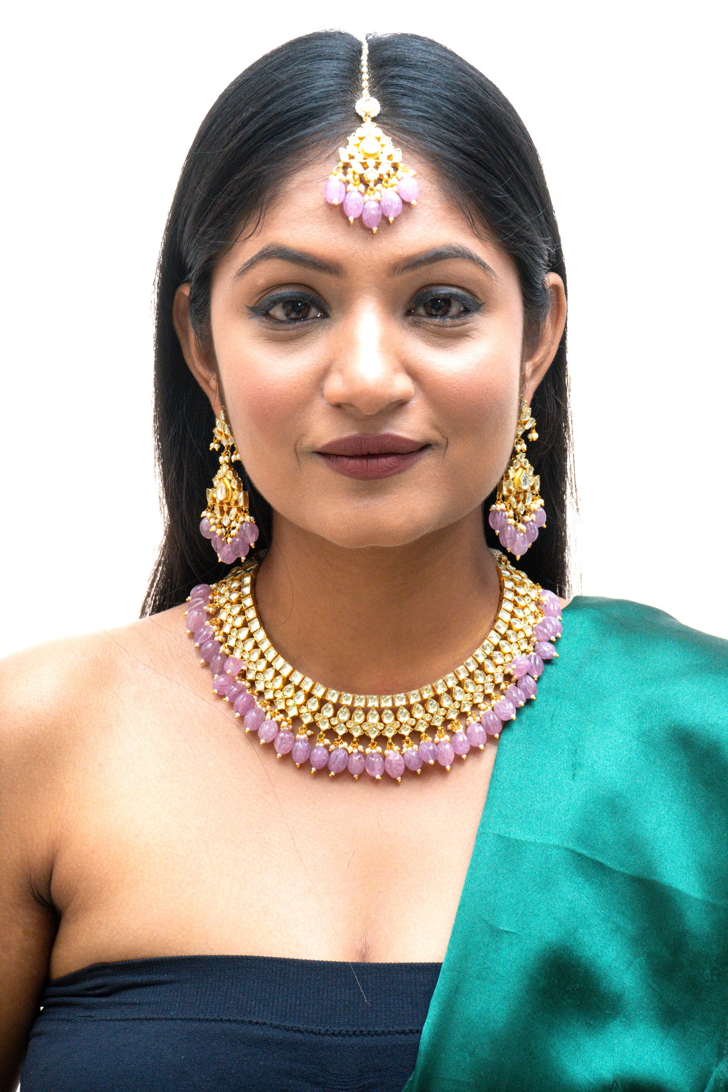 Purple Beaded Jadau Necklace Set - VNN012