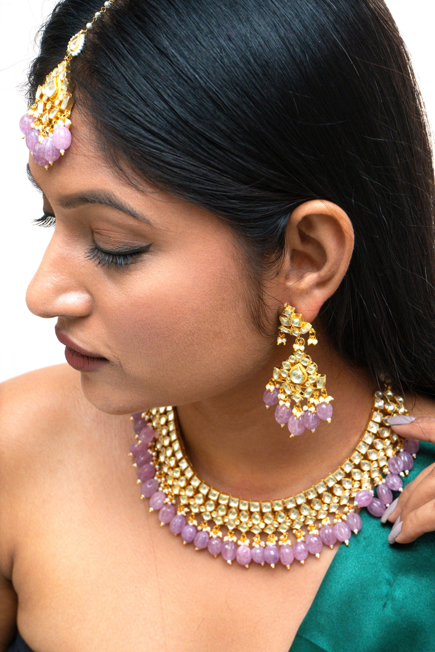 Purple Beaded Jadau Necklace Set - VNN012