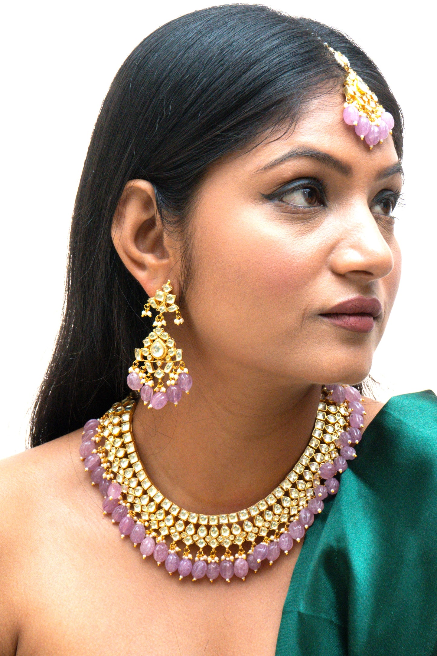 Purple Beaded Jadau Necklace Set - VNN012