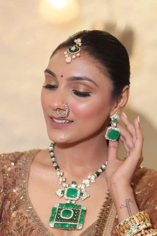 Emerald Green Polki Necklace Set - VNN020