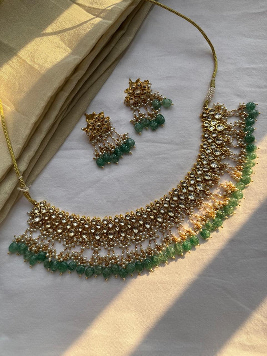 White Jadau Green Beads Necklace Set VNN079