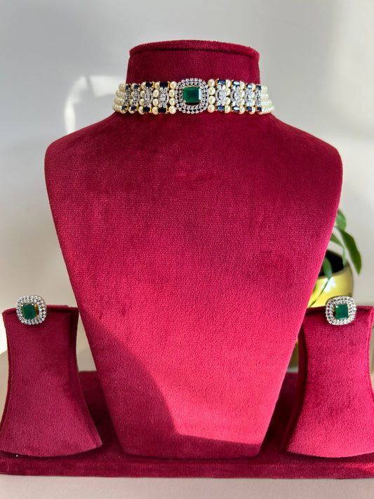 Real Pearl Green Blue Chokar Set VNN195