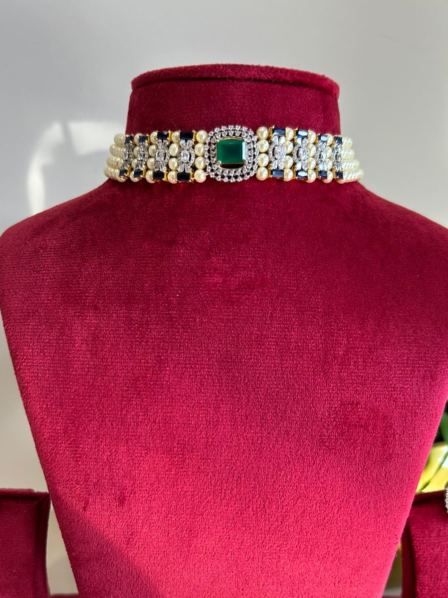 Real Pearl Green Blue Chokar Set VNN195