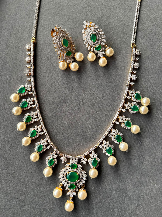 Green Stone Real Pearl Necklace Set -VNN198