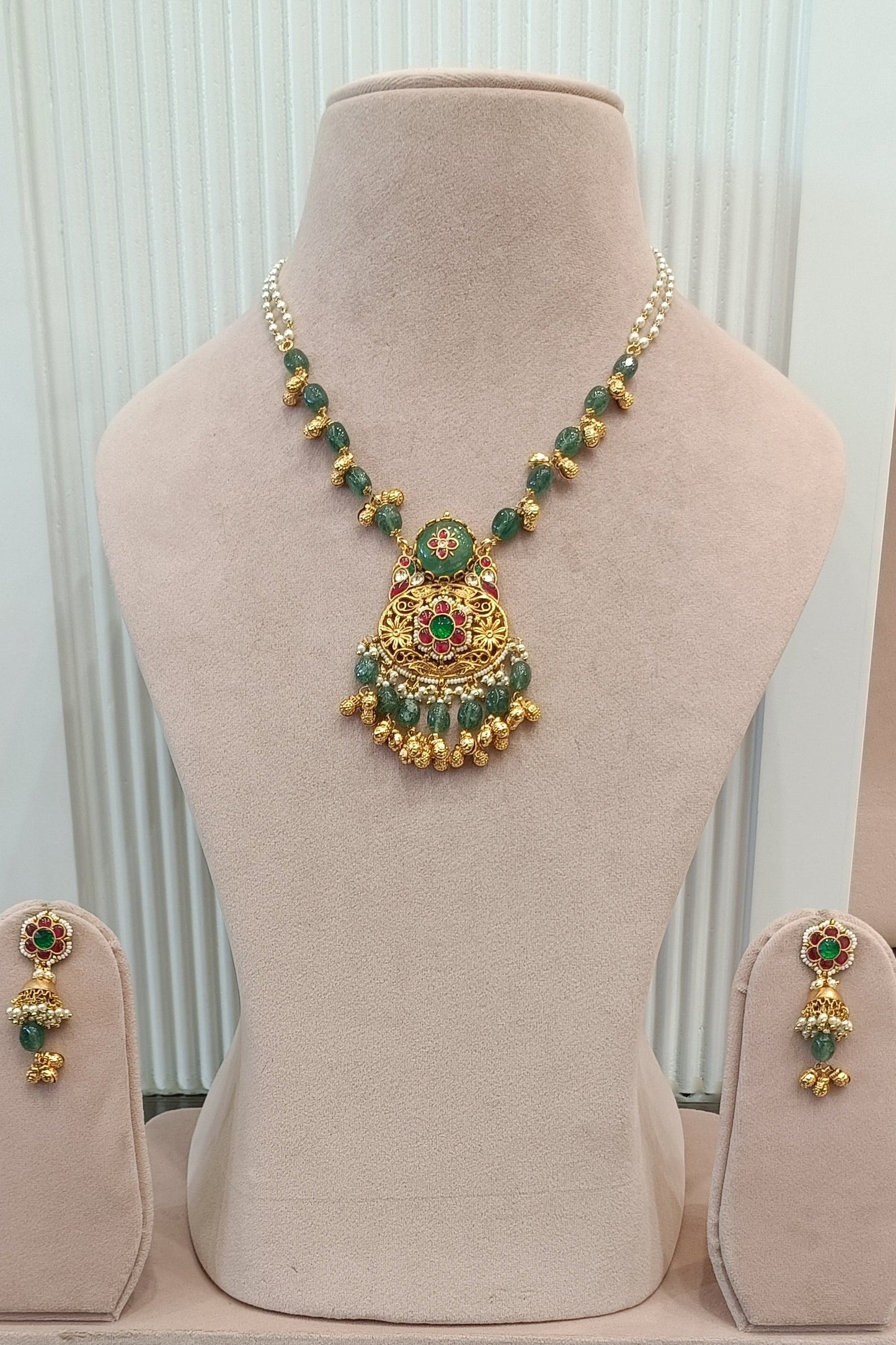 Green & Red Stone Jadtar Long Set VNN296