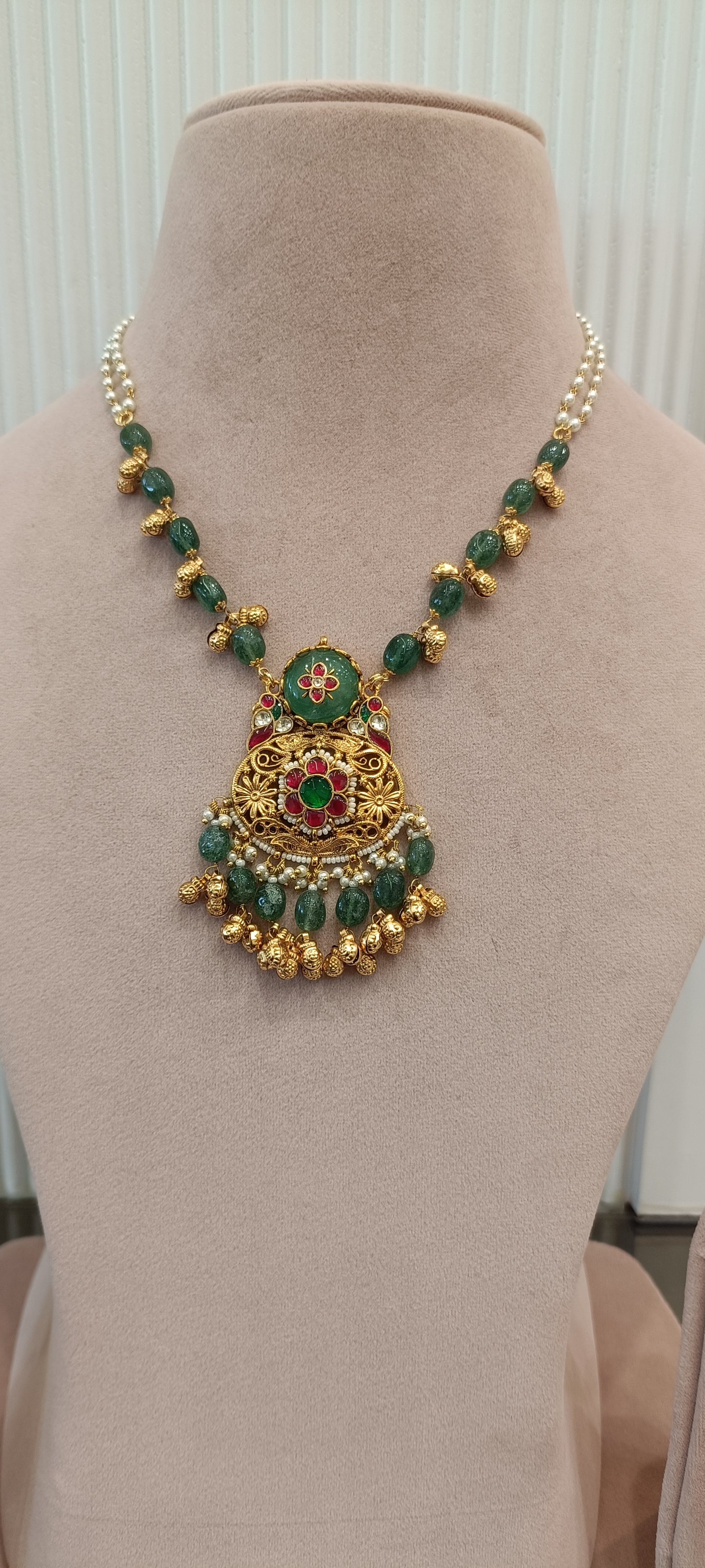 Green & Red Stone Jadtar Long Set VNN296