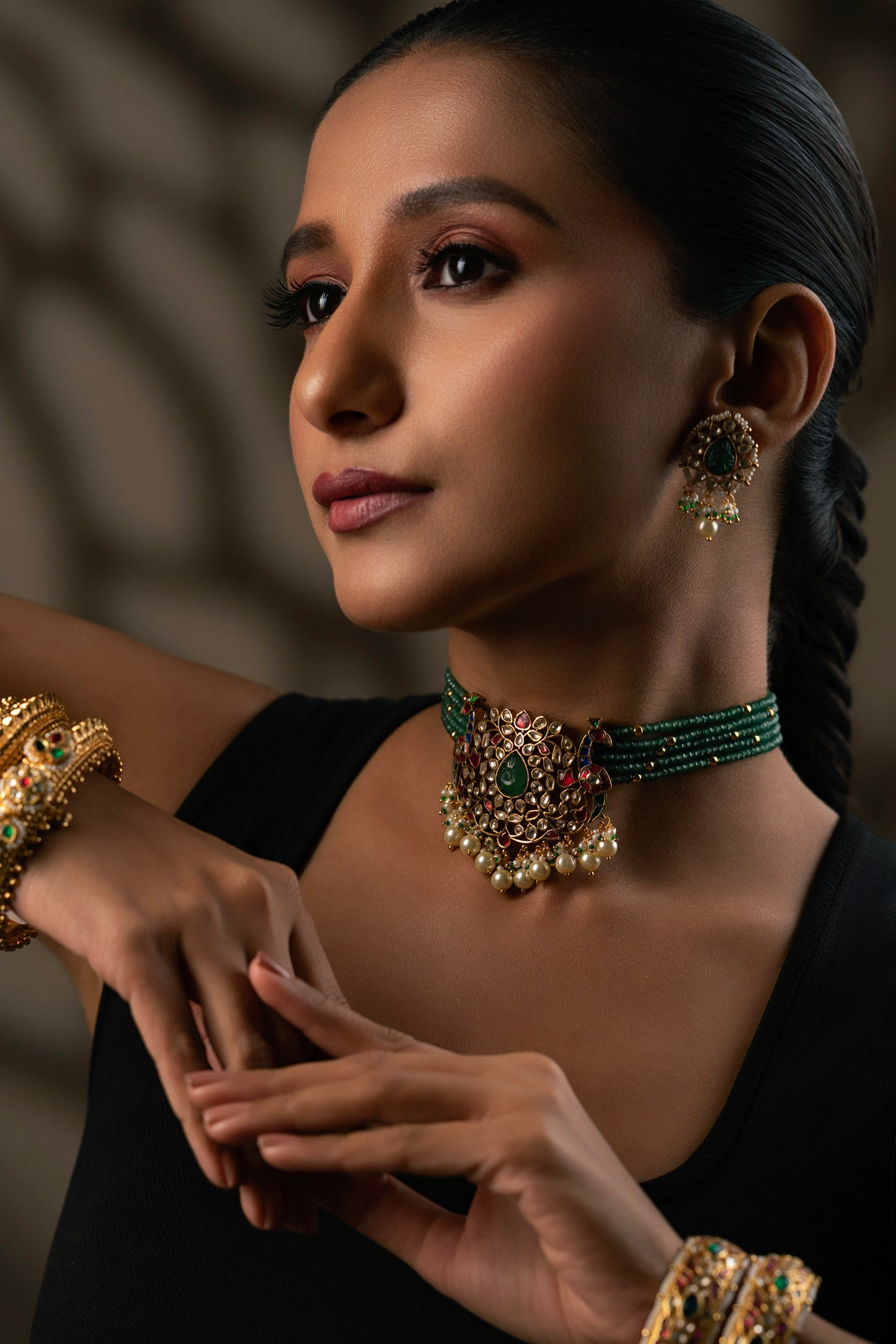 Multi Peacock White Jadau Green Stone Necklace Set VNN288