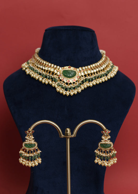 Green Stone Multi Jadau Necklace Set VNN294