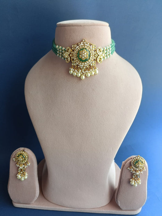 Jadau Green Stone Chokar Set- VNN356