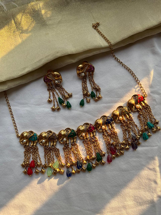 Elephant Multi Stone Polki Necklace Set VNN415