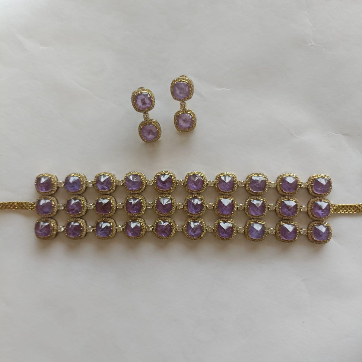 Purple Stone Polki Diamond Necklace Set- VNN421