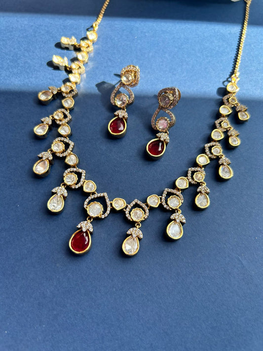 Red Stone Drop Pendant Polki Diamond Set VNN440