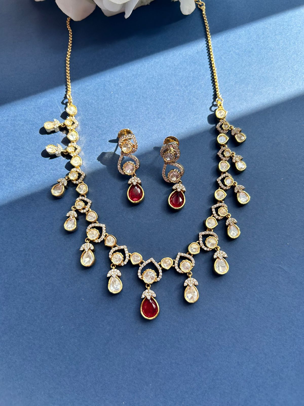 Red Stone Drop Pendant Polki Diamond Set VNN440