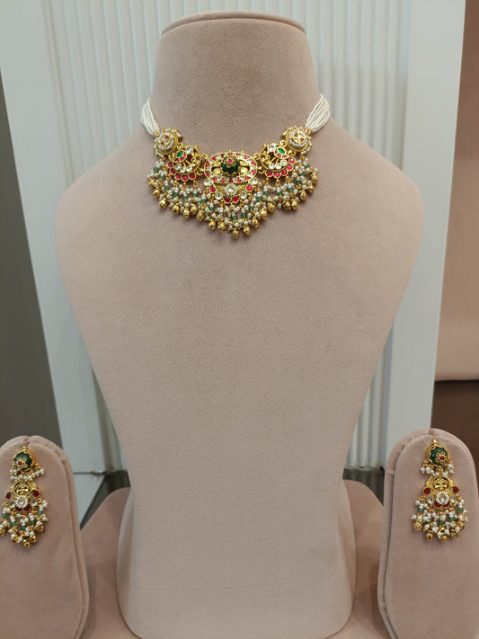 Green Stone Multi Jadau Gold Finish Necklace Set VNN450