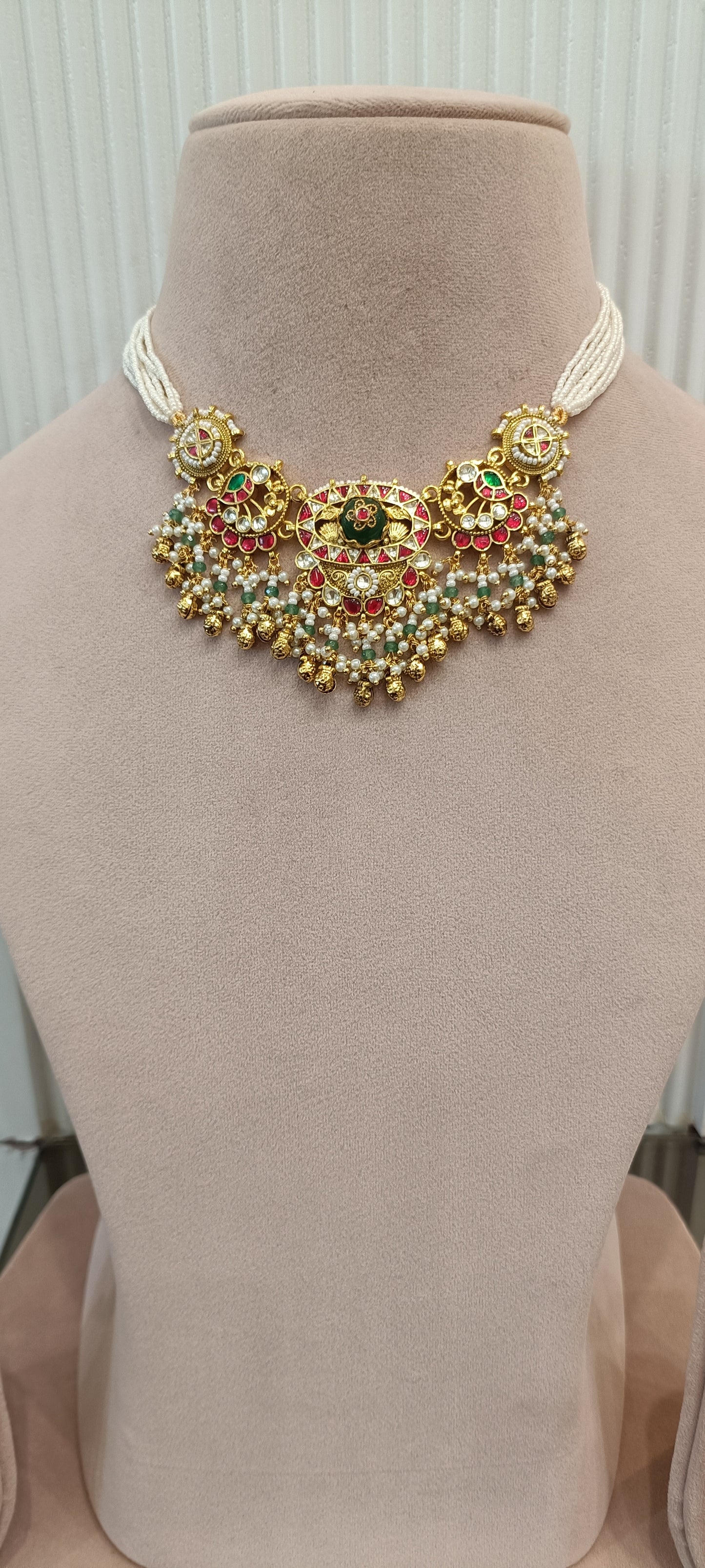 Green Stone Multi Jadau Gold Finish Necklace Set VNN450