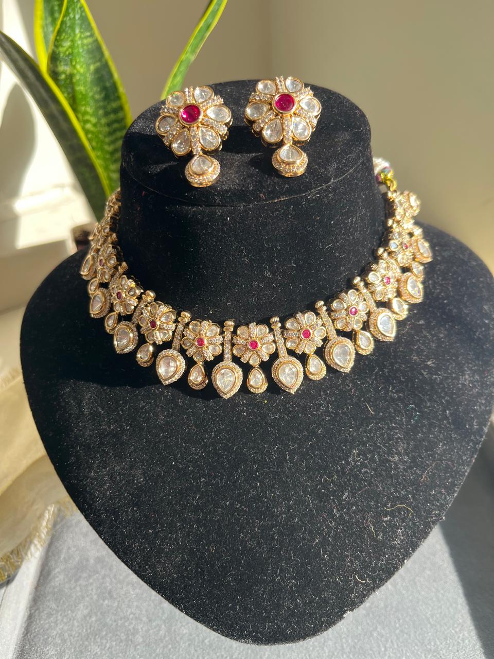 Flower Pan Ruby Moissonite Necklace Set VNN480