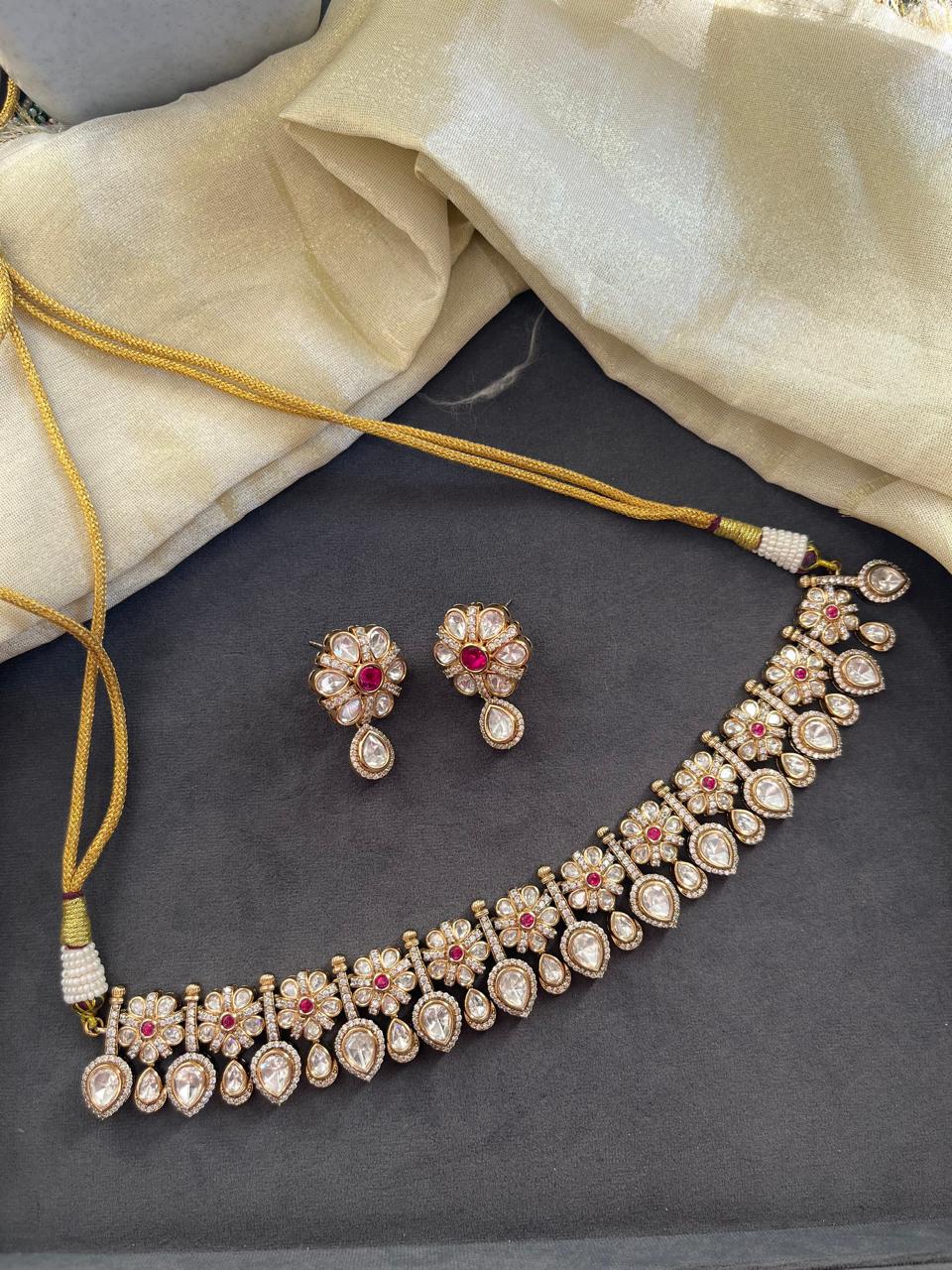 Flower Pan Ruby Moissonite Necklace Set VNN480