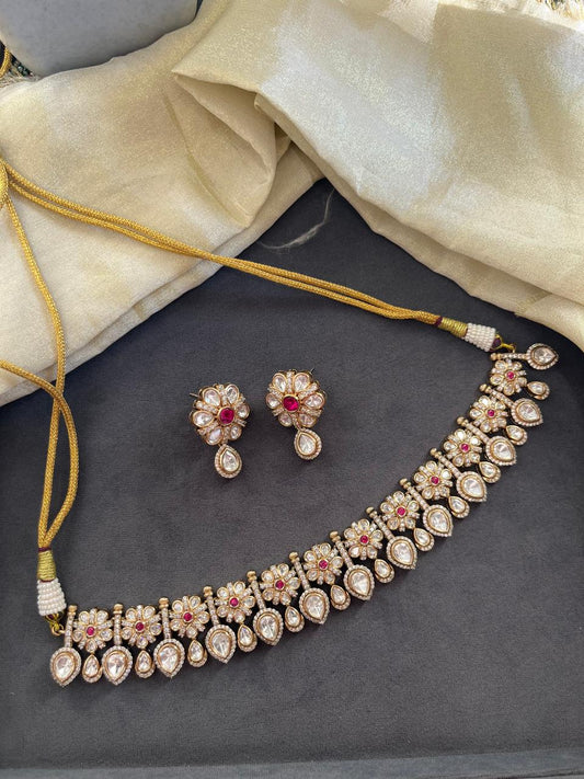 Flower Pan Ruby Moissonite Necklace Set VNN480