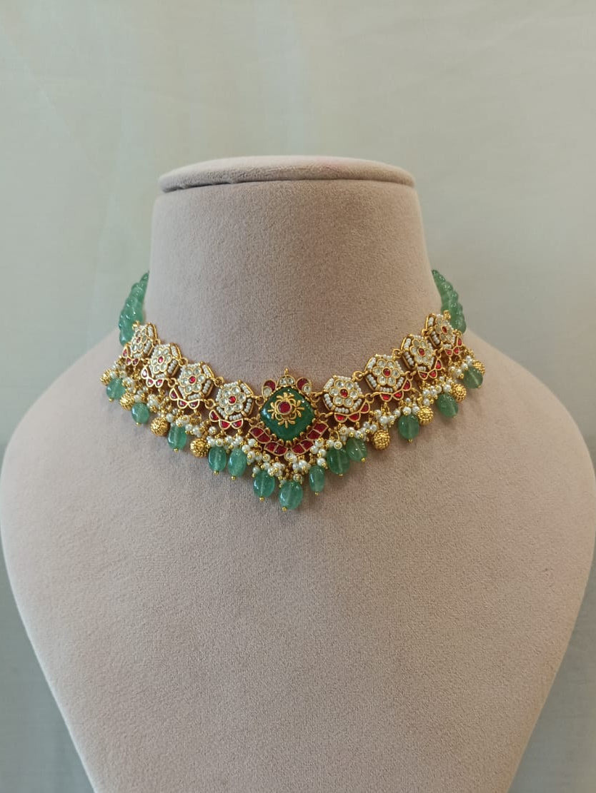 Green Stone Antique Jadau Necklace Set VNN490