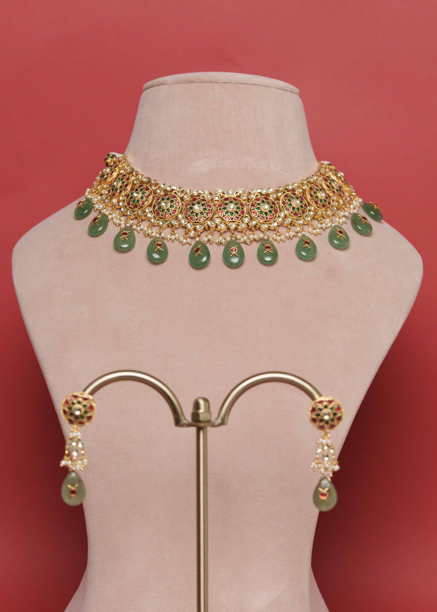 Multi Jadau Green Stone Drop Necklace Set VNN505