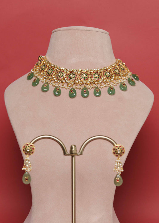 Multi Jadau Green Stone Drop Necklace Set VNN505