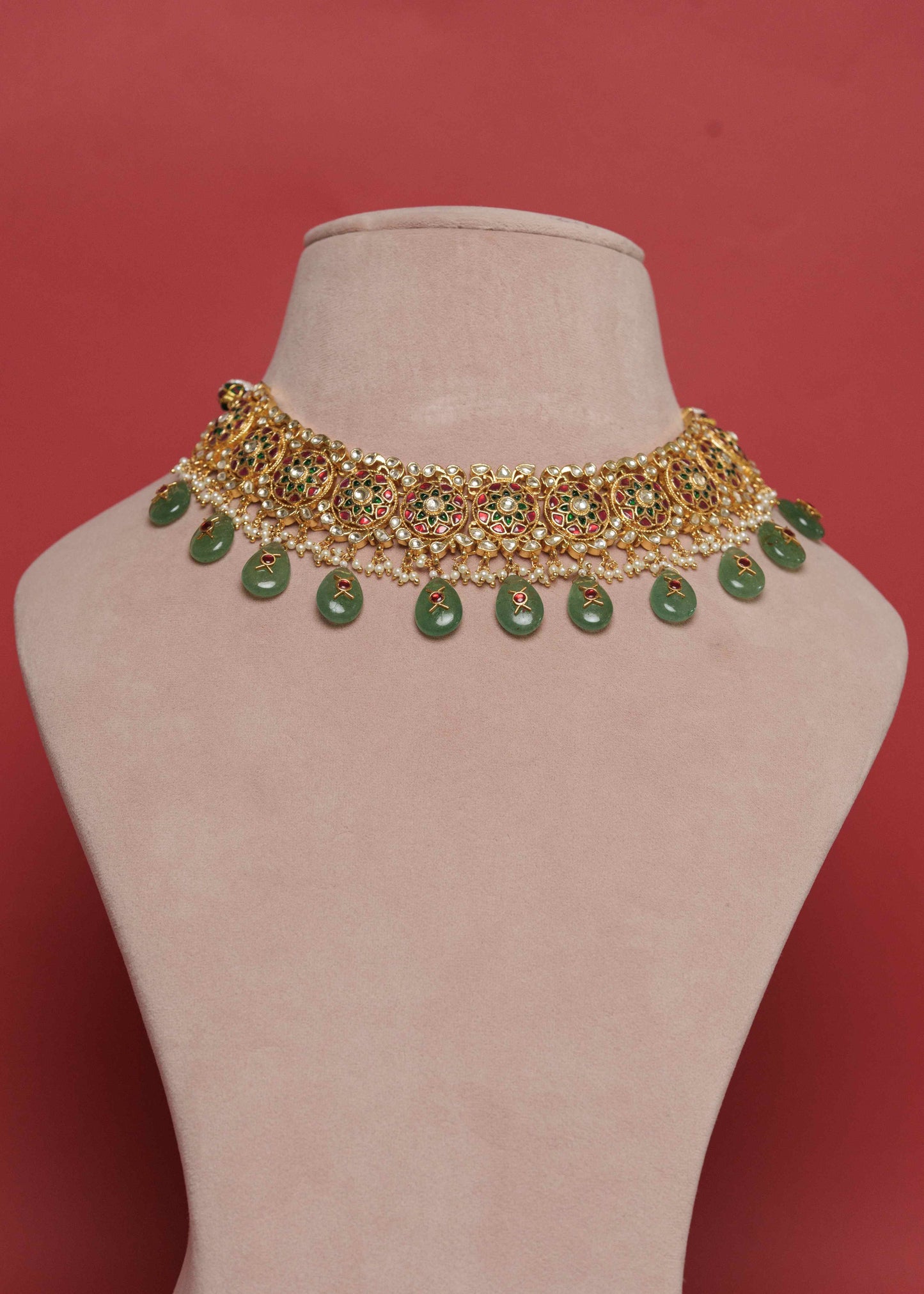 Multi Jadau Green Stone Drop Necklace Set VNN505