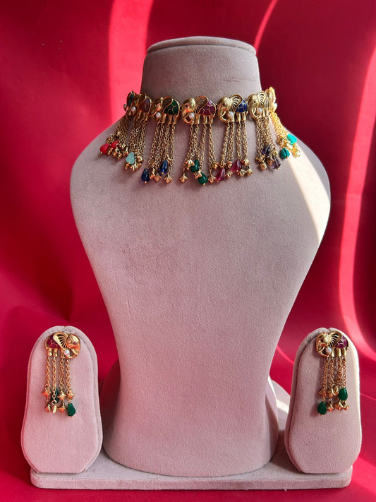 Elephant Multi Stone Polki Necklace Set VNN415