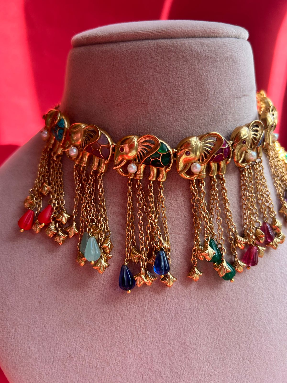 Elephant Multi Stone Polki Necklace Set VNN415