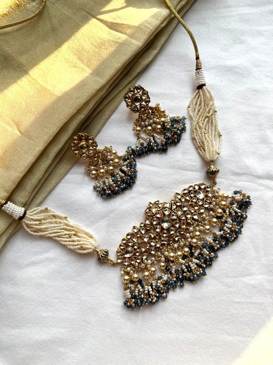 White Jadau Purple Beads Chokar Set VNN523