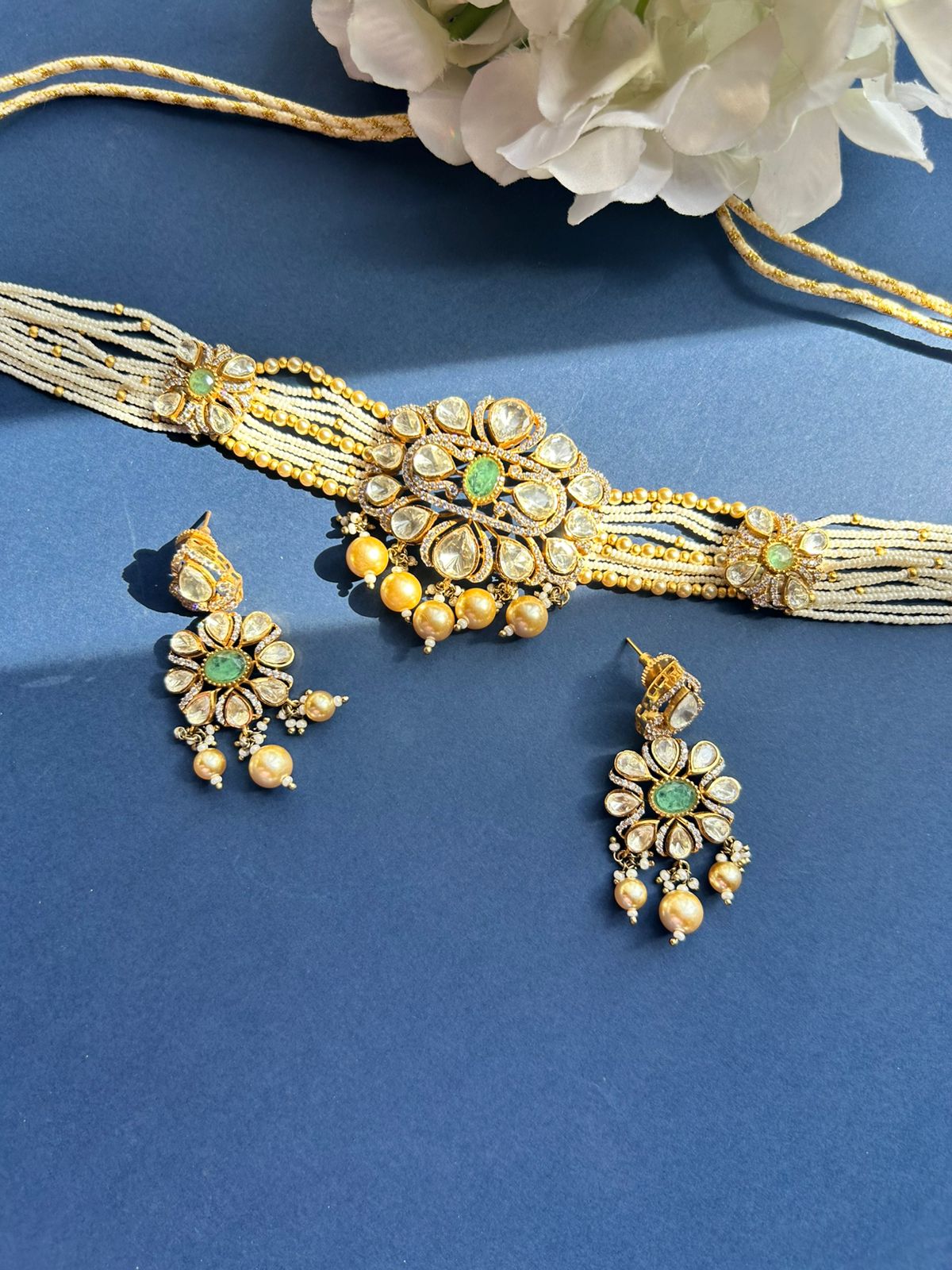 Mint Green Pearl Moissanite Necklace Set VNN528