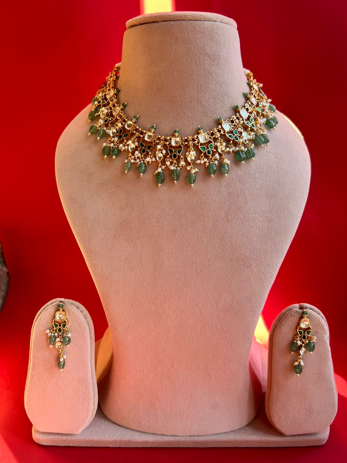 White Green Jadau Traditional Necklace Set VNN529