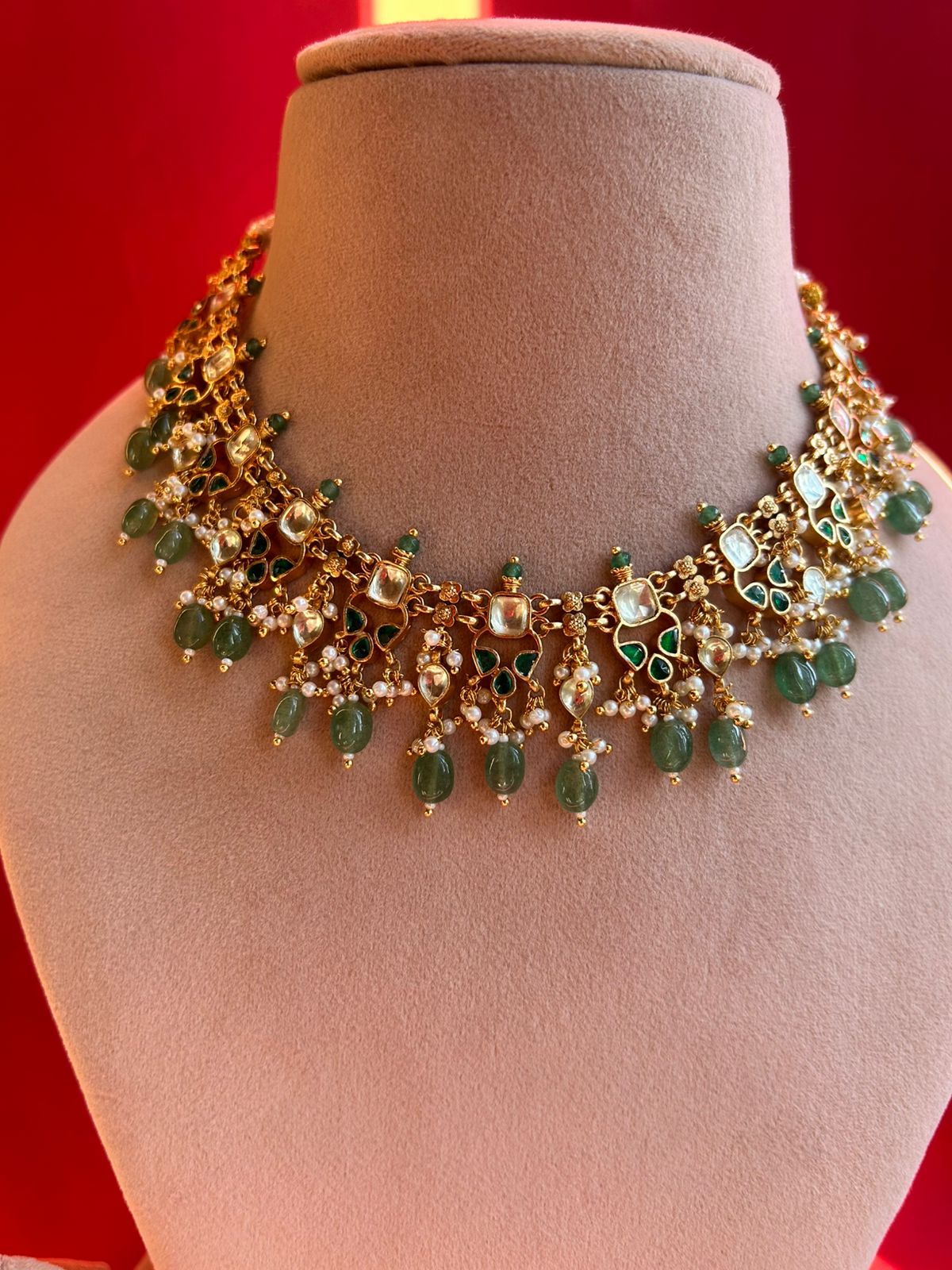 White Green Jadau Traditional Necklace Set VNN529