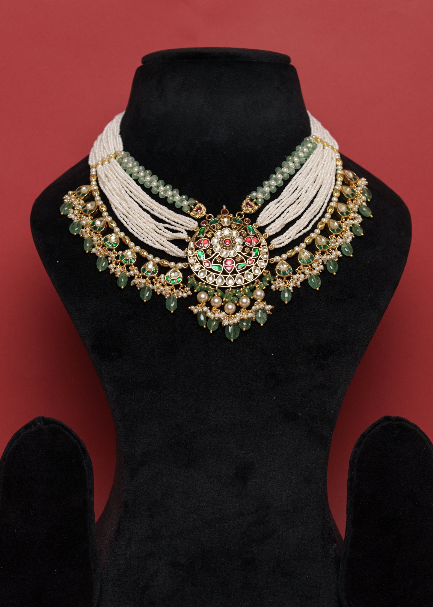 Multi Jadau Round Pendant Pearl Necklace Set VNN534