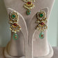 Green Stone Square Jadau Pendant Pearl Set VNN565