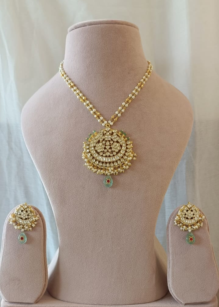 White Jadau Pendant Pearl Long Set VNN568
